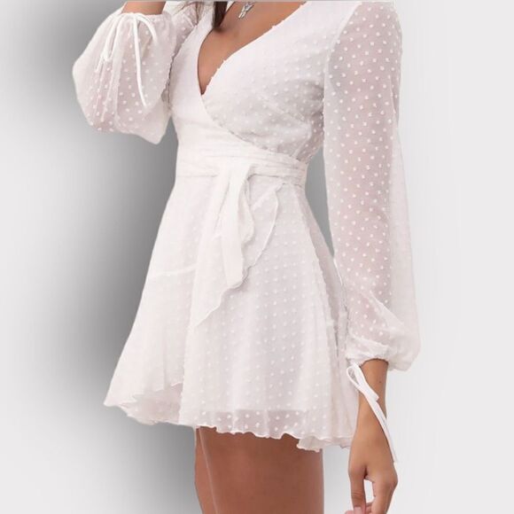 Lucy in the Sky Womens White Ruffle Dotted Chiffon Sheer Sleeve Wrap Dress XS - Picture 2 of 11